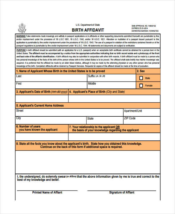 birth affidavit for passport