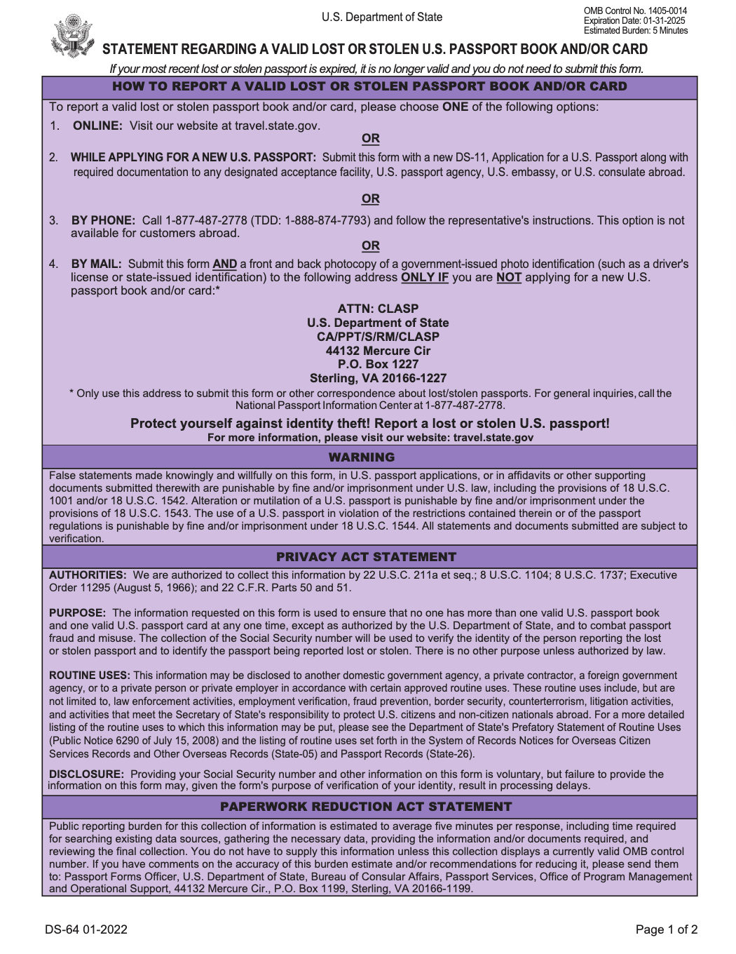 ds 64 form lost passport