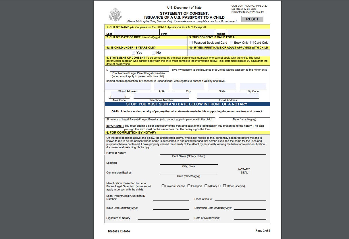 form for minor passport