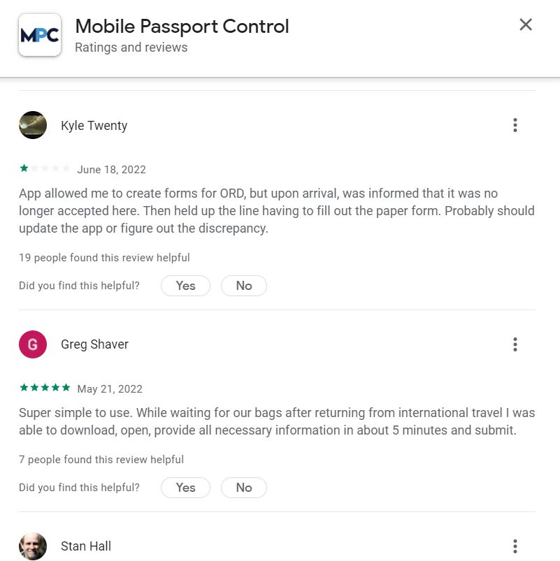 mobile passport control app reviews