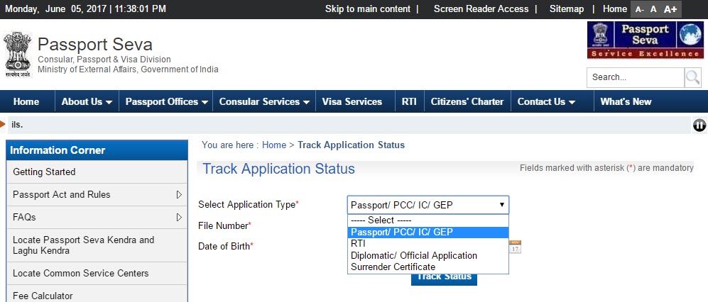 passport application status for india