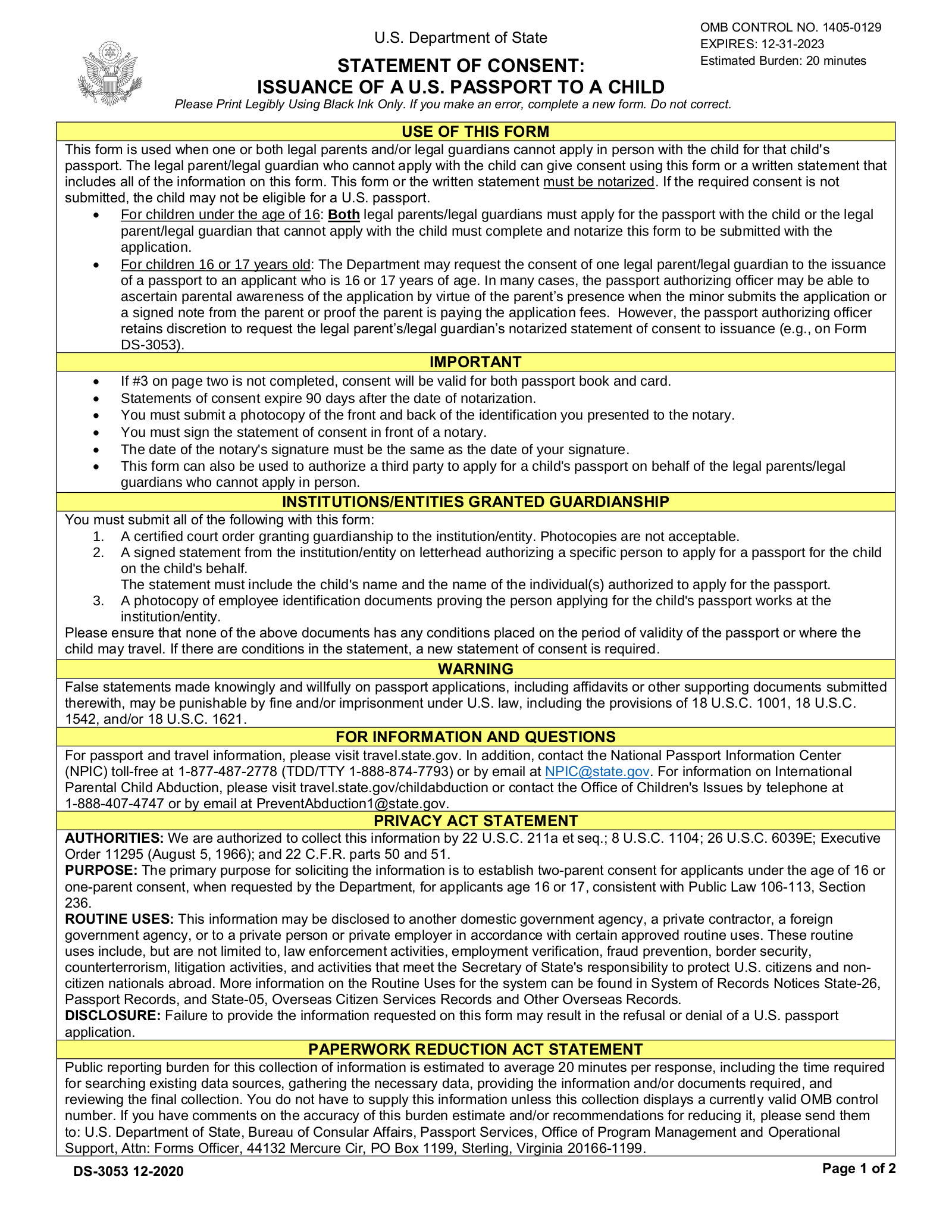 passport for a minor consent form