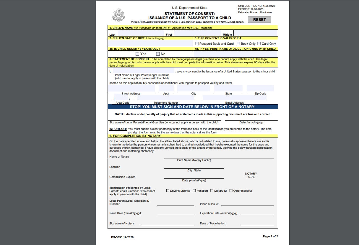 passport for minors consent form