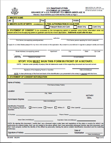 passport form for minors