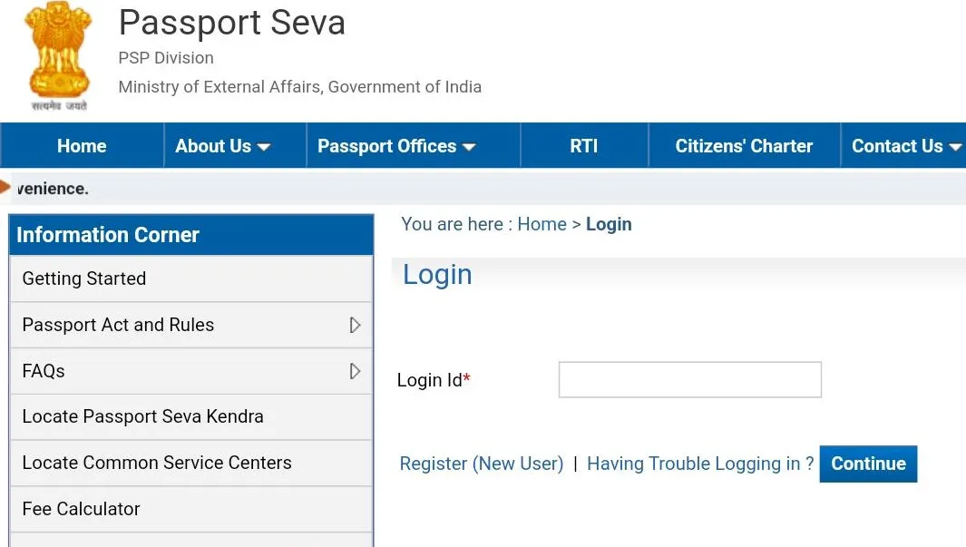 passport seva india login