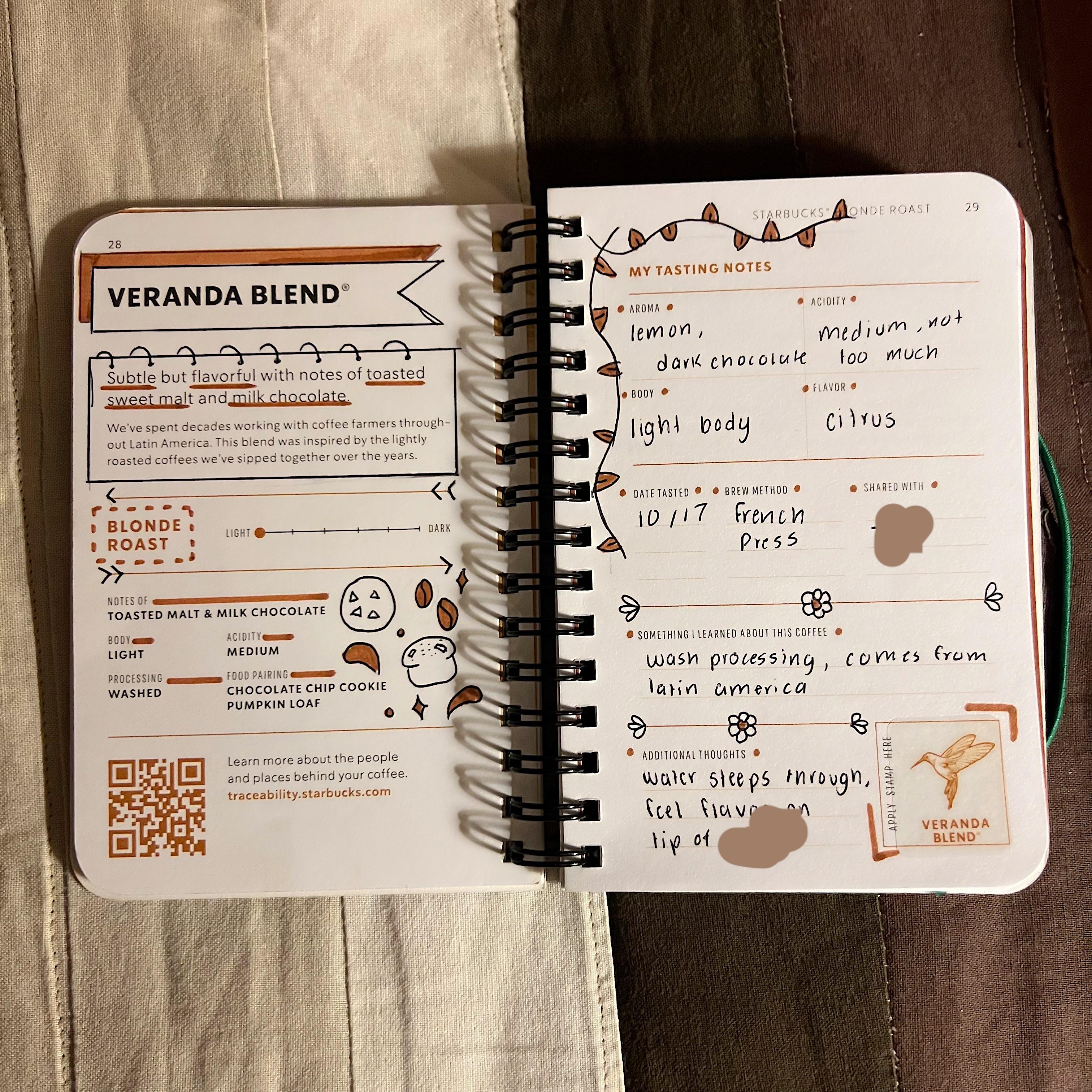 starbucks coffee passport filled out