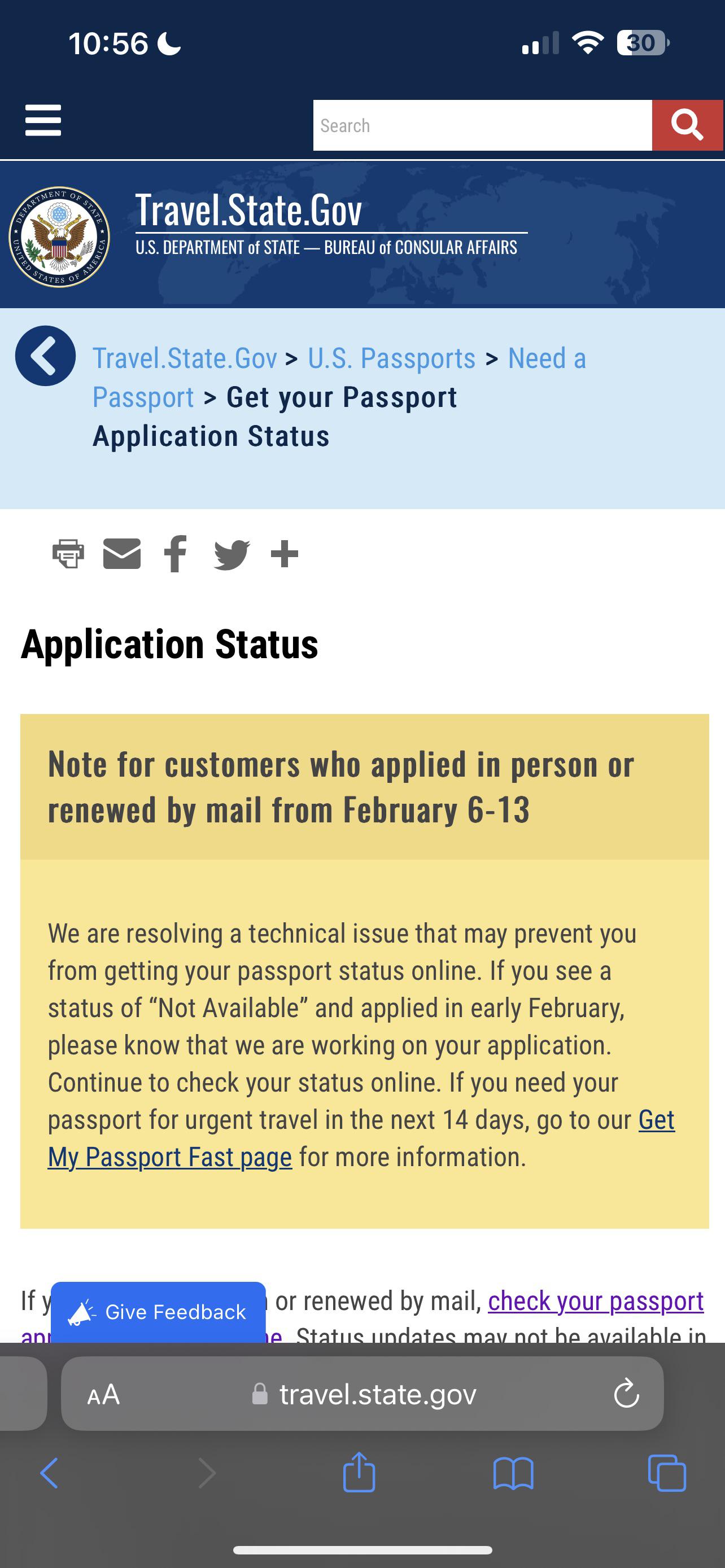 travel.gov passport status