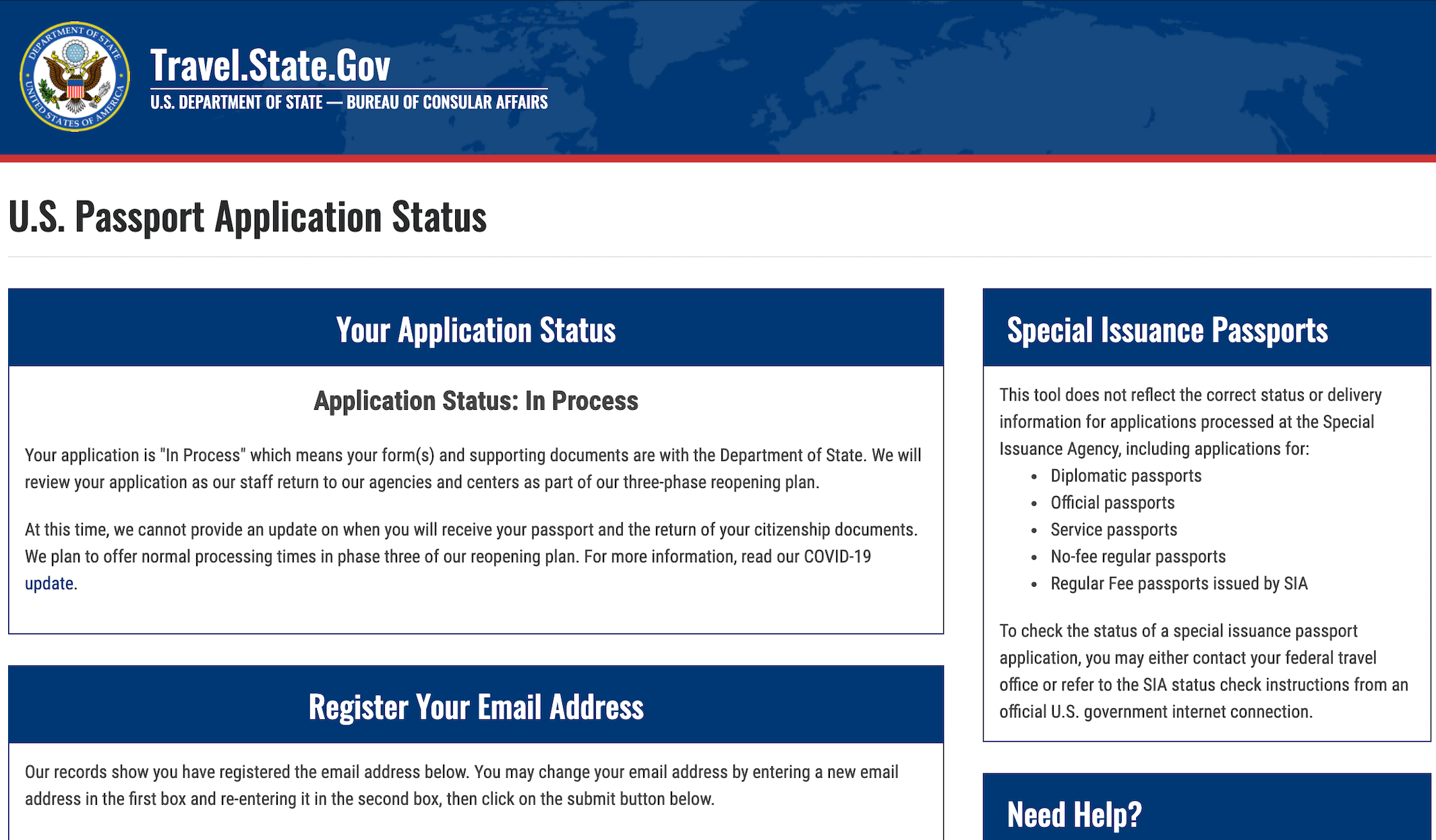 u.s passport application status