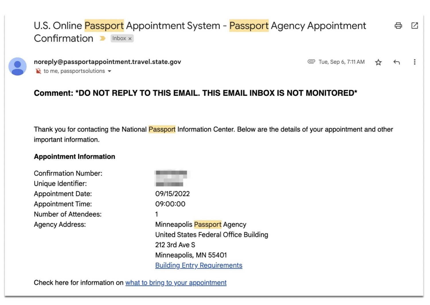 usps passport appointment confirmation email